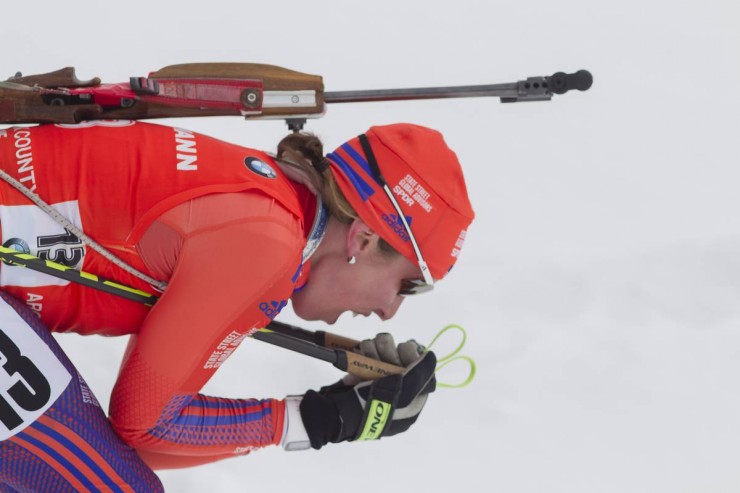 Susan Dunklee (US Biathlon) racing to a career-best and historic second place in the women's sprint at the IBU World Cup in Presque Isle, Maine. (Photo: USBA/NordicFocus)
