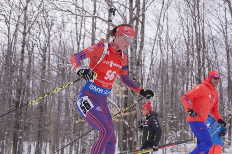Clare Egan (US Biathlon) racing to 32nd, her second-best IBU World Cup result, in the women's 7.5 k sprint on Thursday in Presque Isle, Maine. (Photo: USBA/NordicFocus)