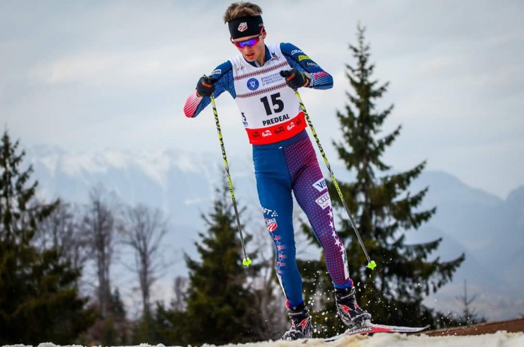 Jasper Good (U.S. Nordic Combined) racing to 11th in the normal hill/10 k individual competition at 2016 Junior World Championships in Rasnov, Romania. (Courtesy photo)