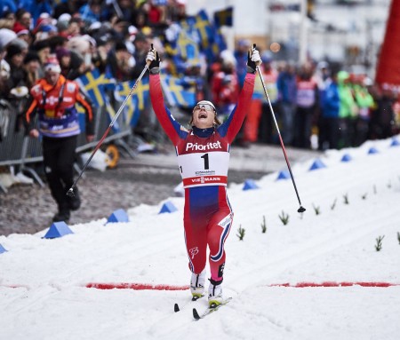 11.02.2016, Stockholm, Sweden (SWE): Maiken Caspersen Falla (NOR) - crosses the line in first -- FIS world cup cross-country, individual sprint, Stockholm (SWE). (Photo: Fischer/NordicFocus)