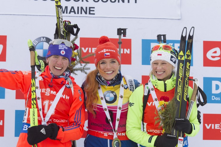 American Susan Dunklee (l) after achieving her best IBU World Cup finish in second place on Thursday and tying the best World Cup result by a U.S. biathlete. She finished second to Czech Gabriela Soukalova (c), and Poland's Krystyna Guzik placed third (r) in the 7.5 k sprint in Presque Isle, Maine. It was the first IBU World Cup held in the U.S. since 2011 in Presque Isle. (Photo: Fischer/NordicFocus)