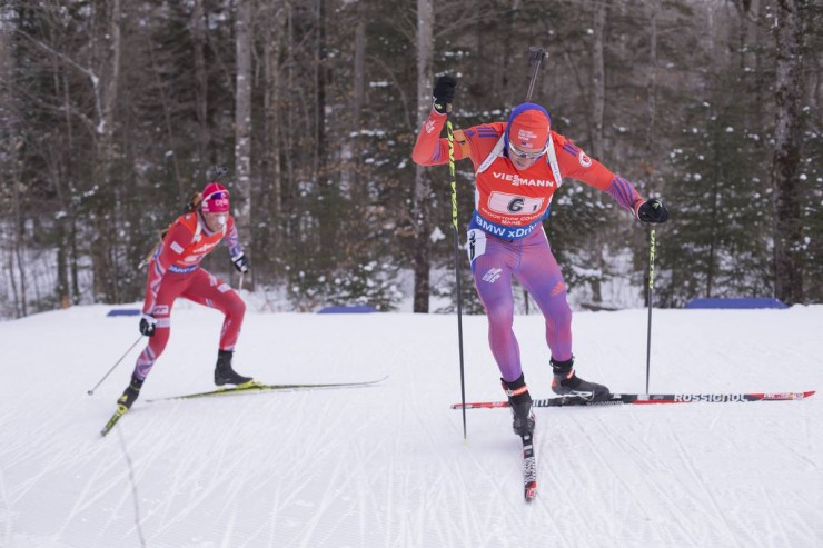 American Lowell Bailey (r) leads Norway's Lars Helge Birkeland during the first leg of the men's 4 x 7.5 k relay at the IBU World Cup in Presque Isle, Maine. The Norwegians went on to win and the U.S. placed fifth for its best result since 2013. (Photo: USBA/NordicFocus) 