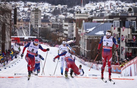 03.02.2016, Drammen, Norway (NOR): Ola Vigen Hattestad (NOR), Petter Northug (NOR), Eirik Brandsdal (NOR), (l-r)  - FIS world cup cross-country, individual sprint, Drammen (NOR). www.nordicfocus.com. © Felgenhauer/NordicFocus. Every downloaded picture is fee-liable.