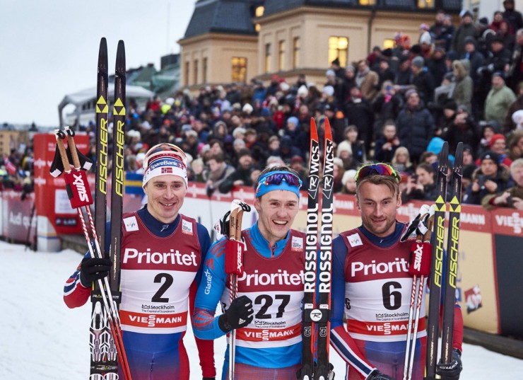 The Stockholm city classic sprint men's podium on Thursday: with Russian winner Nikita Kriukov (c), Norway's Ola Vigen Hattestad (l) in second and Petter Northug (r) in third. (Photo: Fischer/NordicFocus)