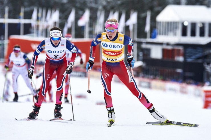 Therese Johaug (r) leads Norwegian teammate Heidi Weng during the women's 10 k freestyle mass start at the World Cup in Falun, Sweden. The duo went on to place first and second, respectively. (Photo: Fischer/NordicFocus)