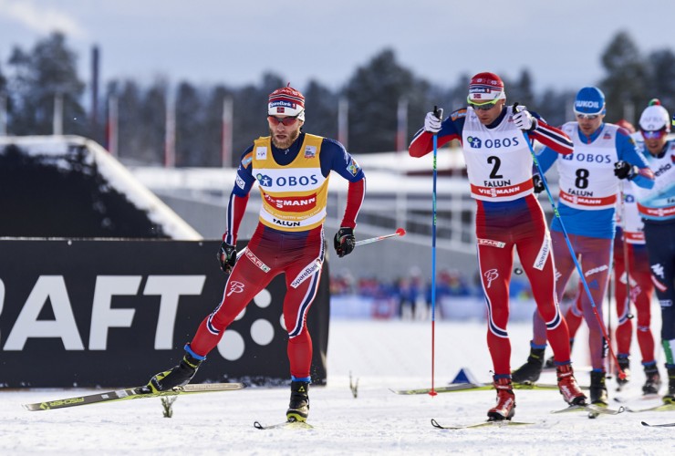Norway's Martin Johnsrud Sundby (yellow World Cup leader's bib) and Niklas Dyrhaug (2) lead eventual race winner Sergey Ustiugov of Russia during the men's 15 k freestyle mass start on Sunday in Falun, Sweden. (Photo: Fischer/NordicFocus)