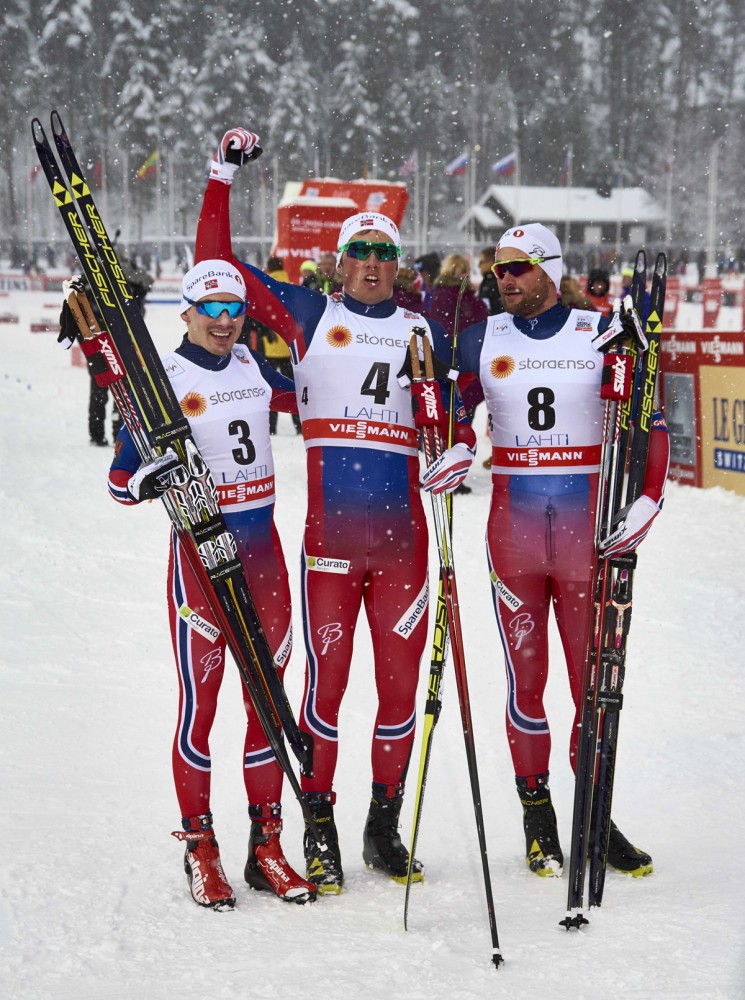 An all Norwegian podium with (left to right) second place finisher Finn Hågen Krogh, first place finisher Emil Iversen, and third place finisher Petter Northug for the men's 1.6 k freestyle sprint final on Saturday in Lahti, Finland. (Photo: Fischer/Nordic Focus)