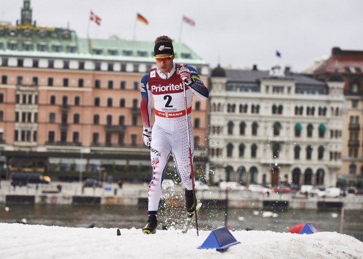 Simi Hamilton (U.S. Ski Team) racing to 21st in the classic-sprint qualifier at the World Cup in Stockholm on Thursday. He went on to place 22nd overall after finishing fifth in his quarterfinal. (Photo: Fischer/NordicFocus)