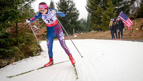 American Heather Mooney racing to 42nd in the women’s 10 k freestyle at the U23 World Championships on Thursday in Rasnov, Romania. (Photo: FIS)