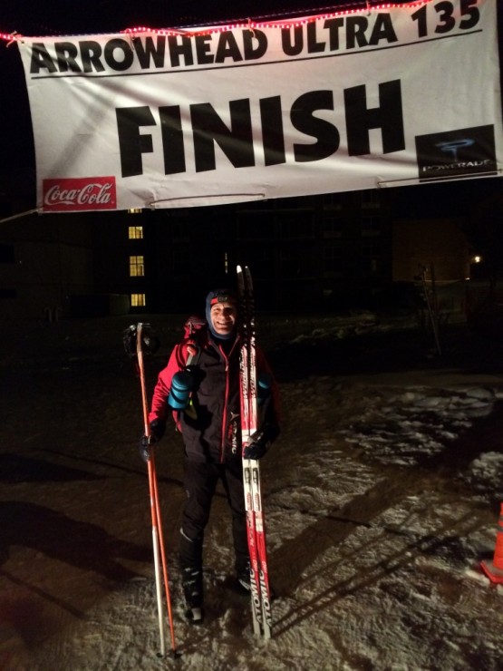 Mike Brumbaugh at the finish of the 2016 Arrowhead 135. Brumbaugh broke the course record for skiing by five minutes, despite breaking his pole 18 miles into the race. (Photo: Courtesy of Mike Brumbaugh)