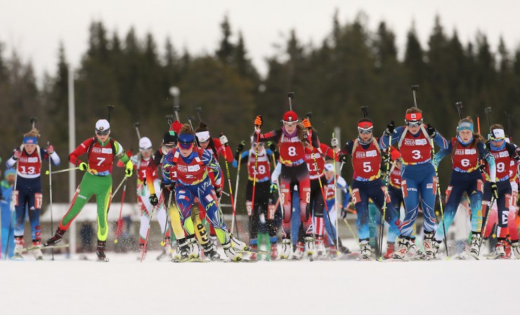 The start of Wednesday's single mixed relay at the Birkebeineren Biathlon Stadium during the 2016 Winter Youth Olympic Games in Lillehammer Norway. (Photo: Arnt Folvik for YIS/IOC)