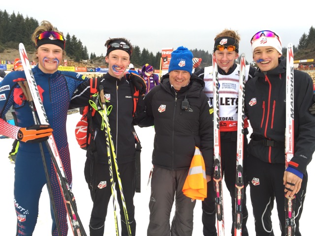 Americans (from left to right) Ben Loomis, Stephen Schumann, coach Martin Bayer, Jared Shumate, and Jasper Good after an individual competition at 2016 Nordic Combined Junior World Championships. Not pictured: Koby Vargas. (Photo: Jasper Good)