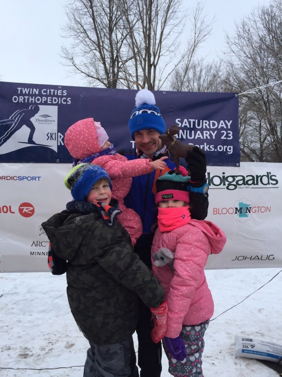 Matt Liebsch with his three children on the podium at a local race in the Twin Cities: Ski Renne. (Courtesy photo)