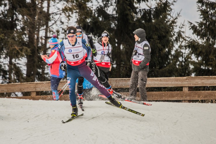 Paddy Caldwell (Dartmouth/SMS/USST) racing to 21st in the men's 15 k freestyle at U23 World Championships in Rasnov, Romania. (Photo: Logan Hanneman)