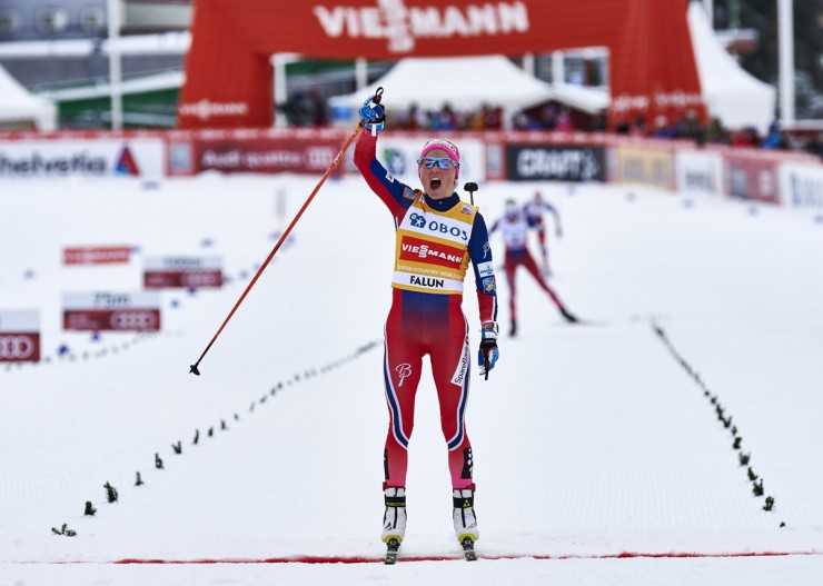 Norway's Therese Johaug celebrates her 14th World Cup victory in the 10 k freestyle mass start on Sunday in Falun, Sweden. Johaug led her teammates Heidi Weng and Astrid  Uhrenholdt Jacobsen in a Norwegian podium sweep and American Jessie Diggins placed fourth. (Photo: Fischer/NordicFocus)