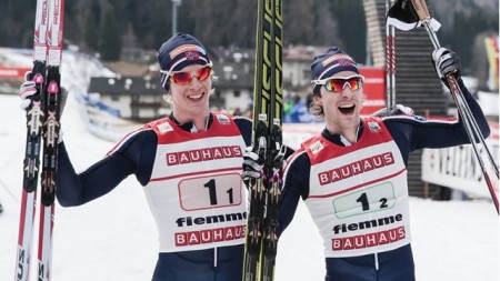 Norway's Magnus Krog and Joergen Graabak win the Val Di Fiemme, Italy NoCo team sprint. (Credit: FIS, @ Nordic Focus) 
