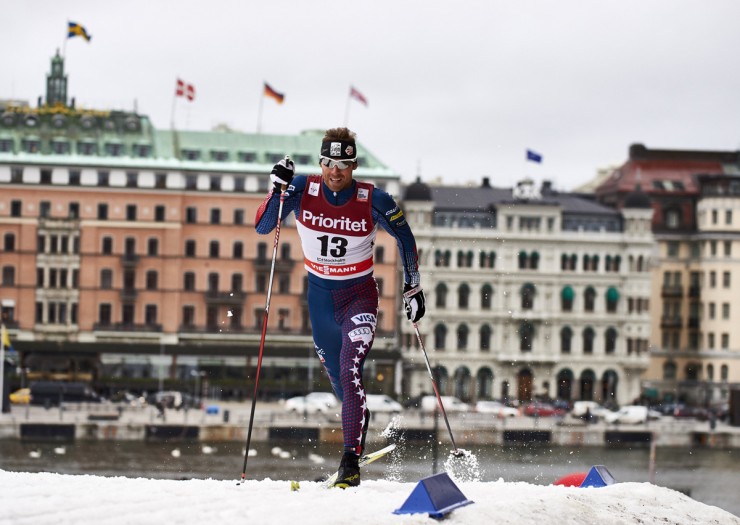 Andy Newell (U.S. Ski Team) racing to 26th in the classic-sprint qualifier at the World Cup in Stockholm on Thursday. He went on to place 23rd overall after finishing fifth in his quarterfinal. (Photo: Fischer/NordicFocus)