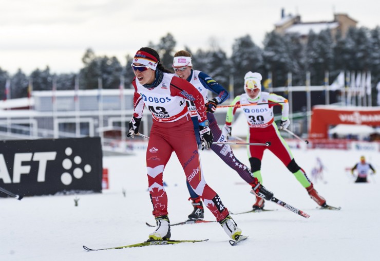 Emily Nishikawa of Canada skis to 39th place in the Falun mass start skate event (Photo credit: Fischer/NordicFocus)