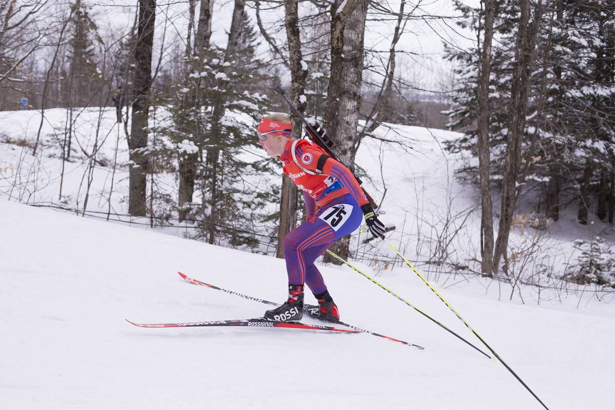 Maddie Phaneuf (US Biathlon) on her way to 65th in the second individual IBU World Cup of her career on Thursday in Presque Isle, Maine. (Photo: USBA/NordicFocus)