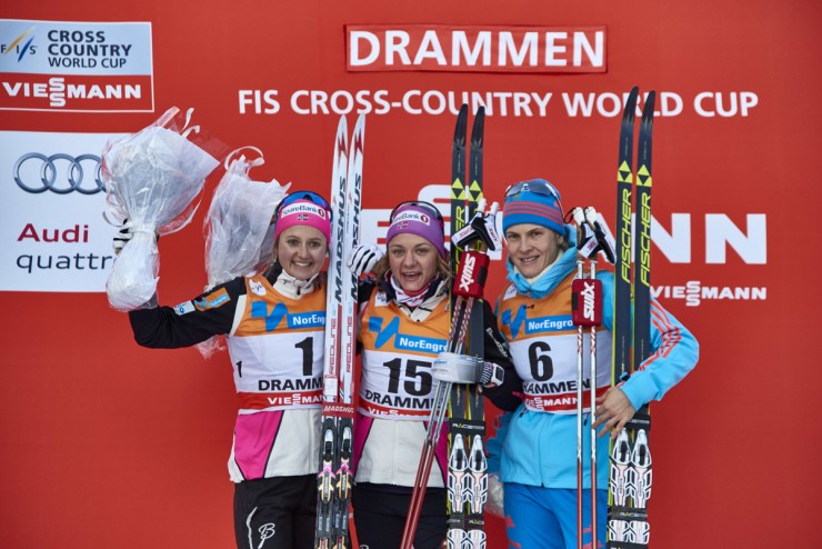 Ingvild Flugstad Oestberg (NOR), Maiken Caspersen Falla (NOR), Natalia Matveeva (RUS), (l-r), claim the podium in Drammen (NOR).   (Photo: Fischer/NordicFocus.com)