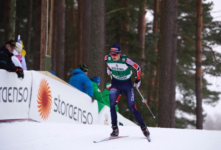 Norway's 18-year-old Jarl Magnus Riiber posted the best jump on Friday, Feb. 19, and started the 10 k cross-country race first at the Nordic Combined World Cup in Lahti, Finland, but was disqualified for taking a wrong turn. (Photo: JoJo Baldus)