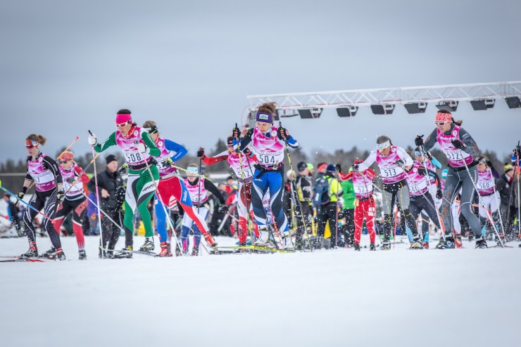 Italy's Antonella Confortola (508) and American Rosie Frankowski (504), a Minneapolis native who trains with Alaska Pacific University in Anchorage, racing with the pack out of the start of the elite women's wave at the 2016 American Birkebeiner. Frankowski went on to place ninth. (Photo: James Netz/American Birkebeiner Ski Foundation©2016)