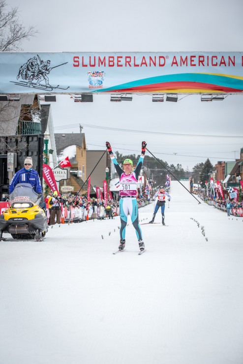 Caitlin Gregg (Team Gregg/U.S. Ski Team) celebrating her unprecedented fourth Birkie win on Saturday at the 2016 American Birkebeiner in Hayward, Wis. (Photo: James Netz/American Birkebeiner Ski Foundation©2016)