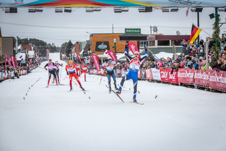 David Norris (APU) celebrates his victory at the 2016 American Birkebeiner, holding off France's Ivan Perrillat Boiteux, Benoit Chauvet and Adrien Mougel in second, third and fourth, respectively. (Photo: James Netz/American Birkebeiner Ski Foundation©2016)