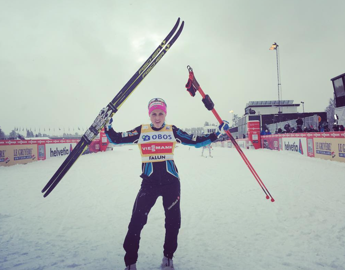 Therese Johaug of Norway celebrates her 13th win of the season, in the 5 k classic in Falun, Sweden. (Photo: FIS/Instagram)
