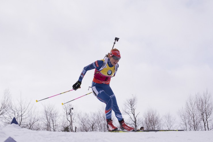 Overall World Cup leader Gabriela Soukalova of the Czech Republic racing to a 17.8-second win (over American Susan Dunklee) in the women's sprint on Thursday at the IBU World Cup in Presque Isle, Maine. (Phot: Fischer/NordicFocus) 