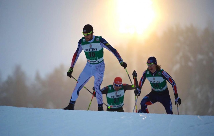 American Taylor Fletcher (40) leading Norway's Mikko Kokslien (38) and Germany's Björn Kircheisen  (37) during the 10 k cross-country race at Friday's Nordic Combined World Cup in Lahti, Finland. Fletcher raced from 40th at the start to 24th at the finish with the seventh-fastest ski time. (Photo: JoJo Baldus) 