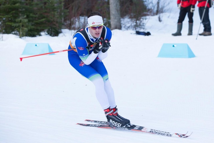 Bob Thompson (NDC Thunder Bay) racing to second in the men's freestyle sprint qualifier at Western Canadian Championships in Prince George, B.C. He went on to win the men's final. (Photo: Sally Connon)