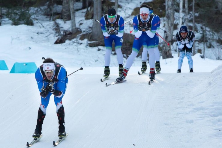 Black Jack's David Palmer (l) leading early in the men's 20 k classic mass start on the final day of Western Canadian Championships in Prince George, B.C., with Michael Somppi, Evan Palmer-Charrette, Andy Shields, and Patrick Stewart-Jones chasing.(Photo: Sally Connon)