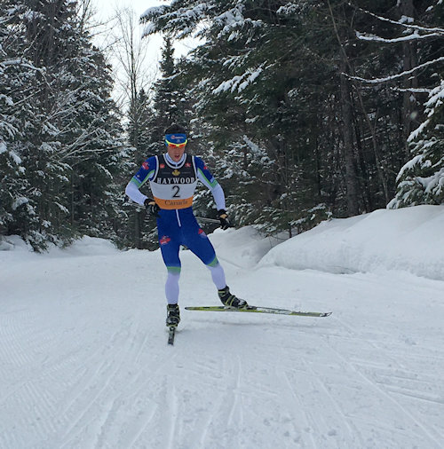 Andy Shields (NDC Thunder Bay) racing to a 45-second win with the fastest time of the day after starting second in the men's 15 k freestyle pursuit at the NorAm at Mont Sainte-Anne in Quebec on Jan. 31. (Photo: CCC)