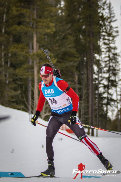 Nathan Smith (Biathlon Canada) racing to 16th in the men's 15 k mass start at the IBU World Cup in Canmore, Alberta. (Photo: Daniel S. Guay)