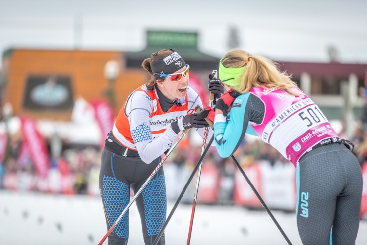 France’s Aurélie Dabudyk (l) and Caitlin Gregg at the finish. Gregg beat her by 5.1 seconds for the 2016 American Birkebeiner title. (Photo: James Netz/American Birkebeiner Ski Foundation©2016)