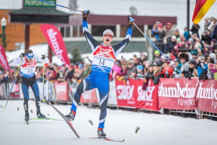David Norris of Alaska Pacific University celebrates his first victory in his first time at the American Birkebeiner 52 k freestyle race on Saturday in Hayward, Wis. (Photo: James Netz/American Birkebeiner Ski Foundation©2016)