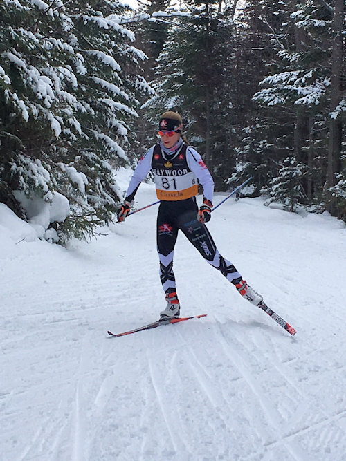 Cendrine Browne, of the Pierre-Harvey National Training Centre and Canada's national U23 development team, leading the women's 10 k freestyle pursuit on Jan. 31 at the Mont Sainte-Anne trails in Quebec. She went on to win by nearly 1 1/2 minutes to take the NorAm leader's bib. (Photo: CCC)