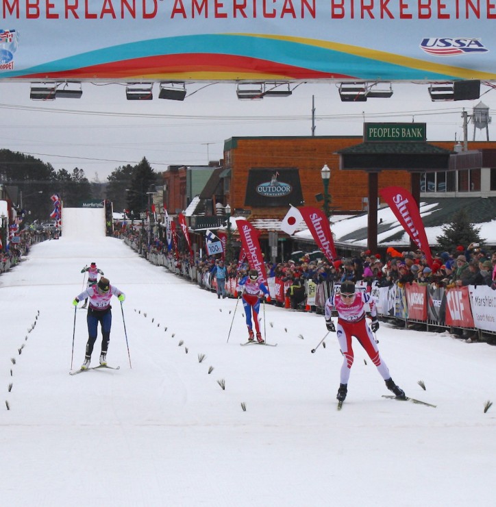 Erika Flowers of the SMST2 Team (r) racing to third in the 2016 American Birkebeiner in Hayward, Wis., ahead of Italy's Elisa Brocard (l) and Klára Moravcová of the Czech Republic in fourth and fifth, respectively. (Photo: Worldloppet)