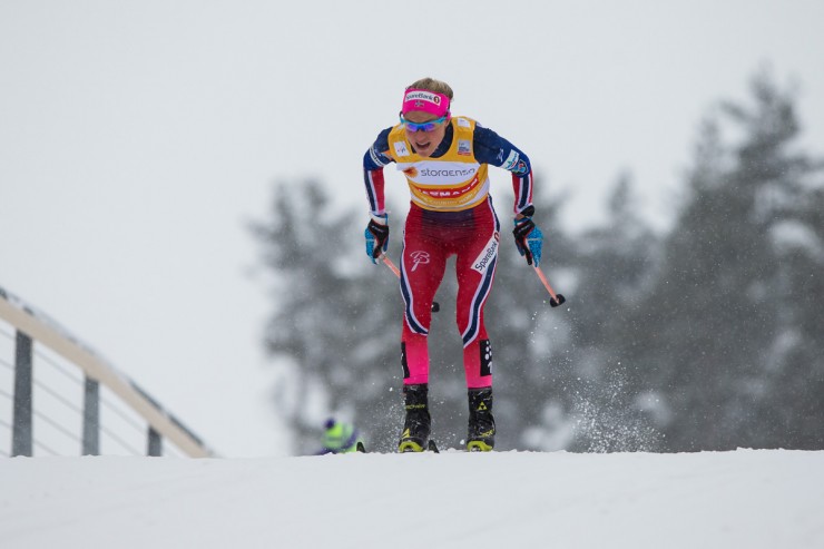 Norway's Therese Johaug racing away uncontested to her 15th World Cup victory this season at the 15 k skiathlon in Lahti, Finland. (Photo: Fischer/NordicFocus)