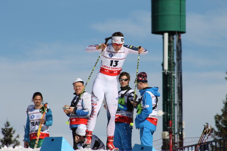 American Julia Kern (SMS/USST) racing to a career-best 16th in the Junior World Championships freestyle sprint on Monday in Rasnov, Romania. (Photo: Pete Leonard)