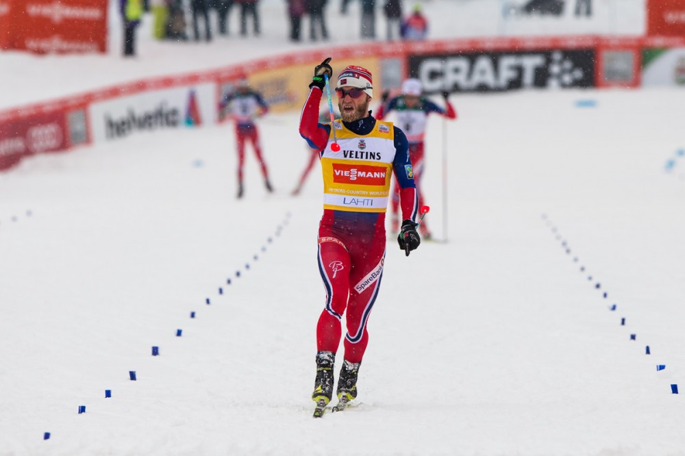 Martin Johnsrud Sundby (NOR) crosses first in the men's 30 k skiathlon on Sunday in Lahti, Finland. (Photo: Fischer/Nordic Focus)