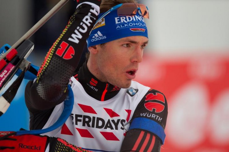 Germany's Simon Schempp  after one of his shooting stages during Thursday's mixed relay at IBU World Championships in Oslo, Norway. He anchored Germany to second, 4.3 seconds behind France. (Photo: IBU)