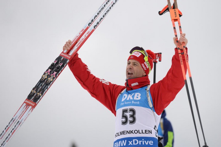 Norway's Ole Einar Bjørndalen celebrates silver in the men's 10 k sprint on Saturday at the first individual race of IBU World Championships in Oslo, Norway. (Photo: IBU)