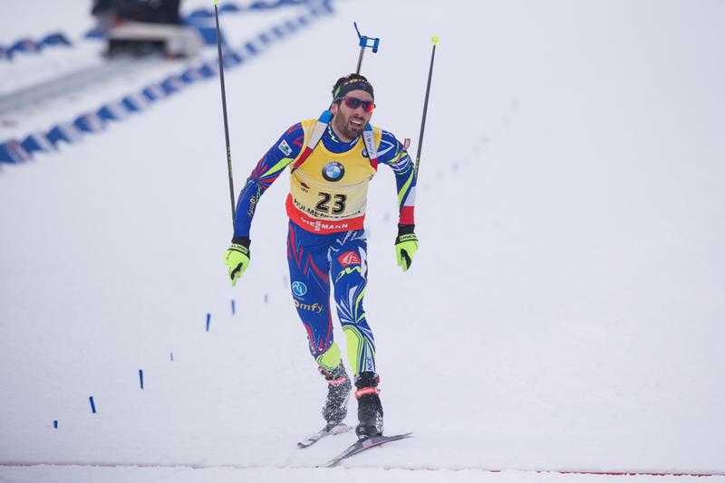 An exhausted Martin Fourcade finishes the 20 k individual to earn his fourth gold medal of World Championships. (Photo: IBU/Christian Manzoni)