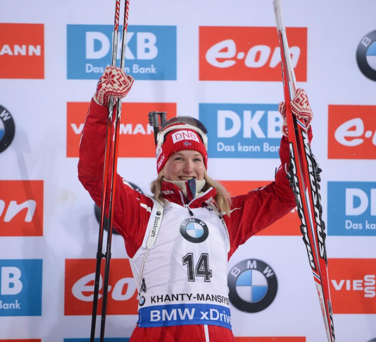 Norway’s Marte Olsbu celebrates placing third for her first IBU World Cup podium in the women's sprint on Thursday in Khanty-Mansiysk, Russia. (Photo: IBU/Evgeniy Tumashov)