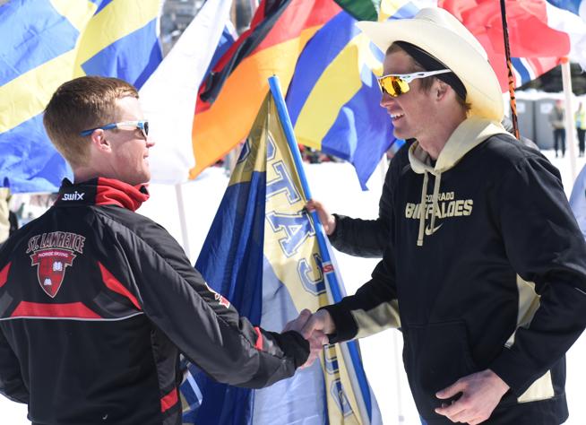 Ethan Townsend (l) current chair for the NCAA Men’s and Women’s Skiing Rules Committee and Saint Lawrence University nordic head coach, congratulates Mads Strøm  of the University of Colorado after he won the men's 10 k freestyle race at the 2016 NCAA Championship races in Steamboat Springs, Colorado. (Photo: CUBuffs/Buffzone.com)