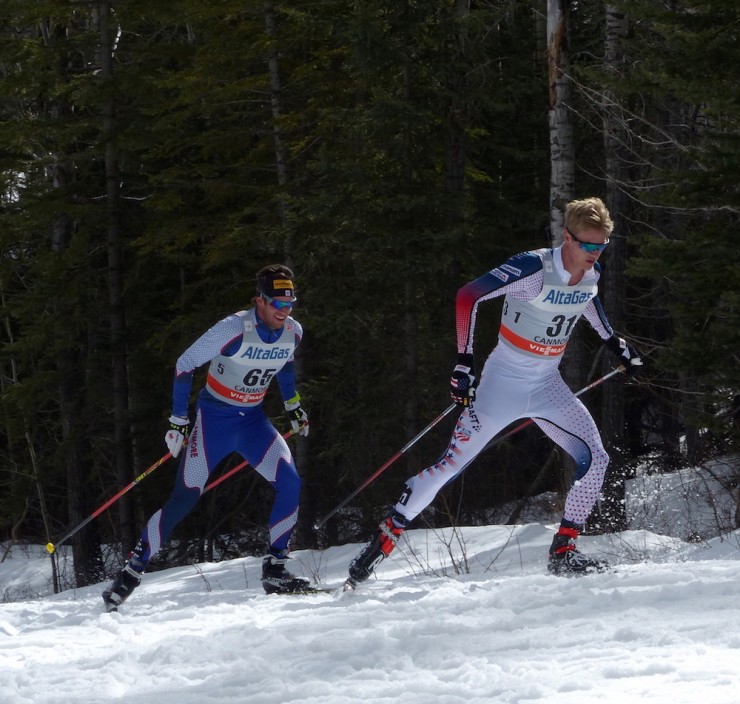 American Erik Bjornsen leads Canada's Russell Kennedy during the third lap of the freestyle leg in Wednesday's 30 k skiathlon at Stage 6 of the Ski Tour Canada in Canmore,  Alberta. (Photo: Peggy Hung)