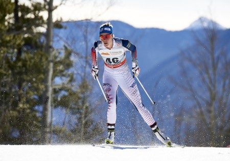 U.S. ski team member, Sadie Bjornsen racing to a 17th overall in the women's10 k freestyle at Stage 7 of the Ski Tour Canada in Canmore, Alberta. (Photo: Fischer/NordicFocus)