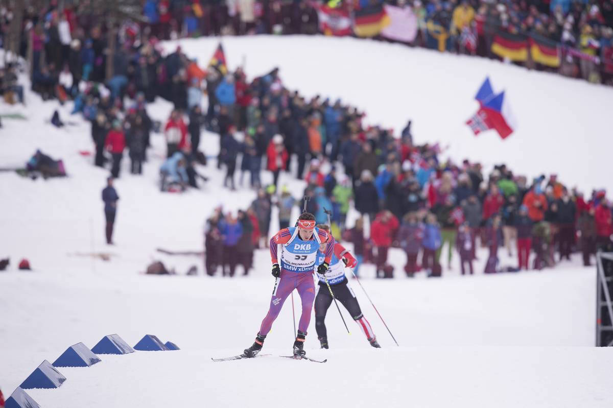 Tim Burke of the United States leads Canada's Macx Davies in the World Championships 10 k sprint in Oslo, Norway. (Photo: US Biathlon/NordicFocus)